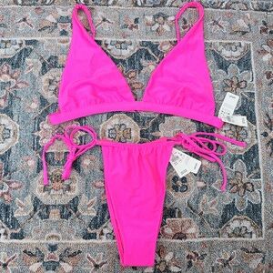 Aerie Hot Pink Ribbed Triangle Bikini Set